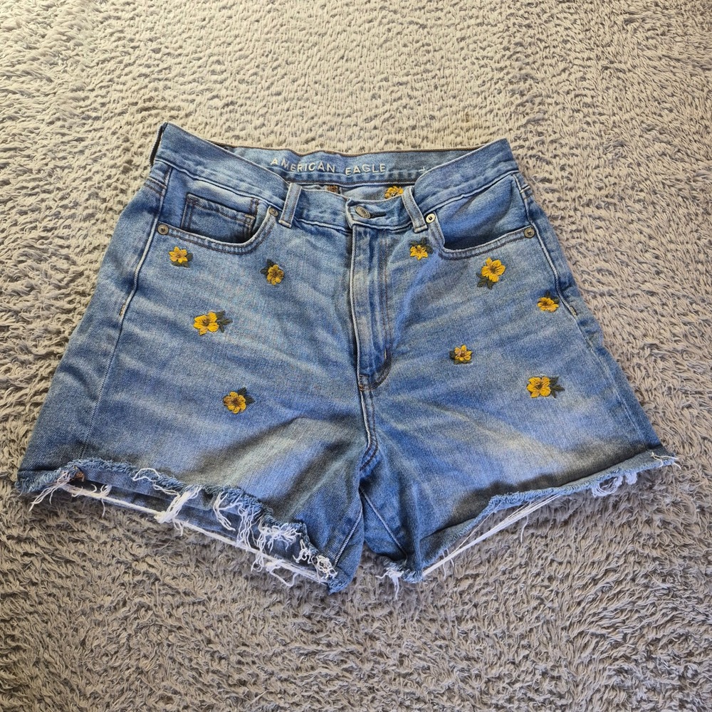 American Eagle Mom Short Womens 6 Blue Denim Floral Embroidered Boho 90s Retro
